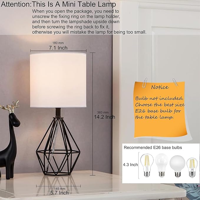 Black Bedside Table Lamp,Small Nightstand Lamp for Bedroom,Modern Desk Lamp with TC Fabric Shade Geometric Metal Base for Living Room Study Office Farmhouse - Image 2