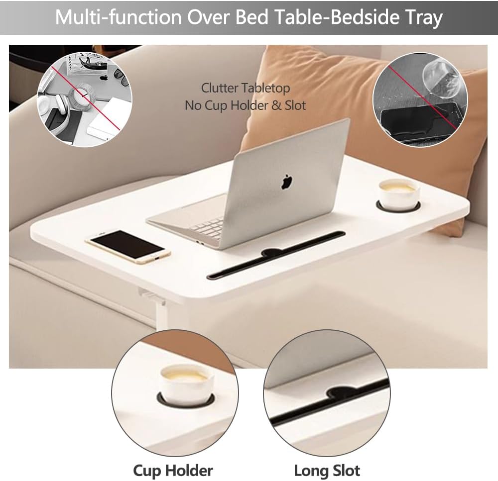 Over the Bed Table with Hidden Wheels,Height Adjustable Bedside Table Tray - Image 3