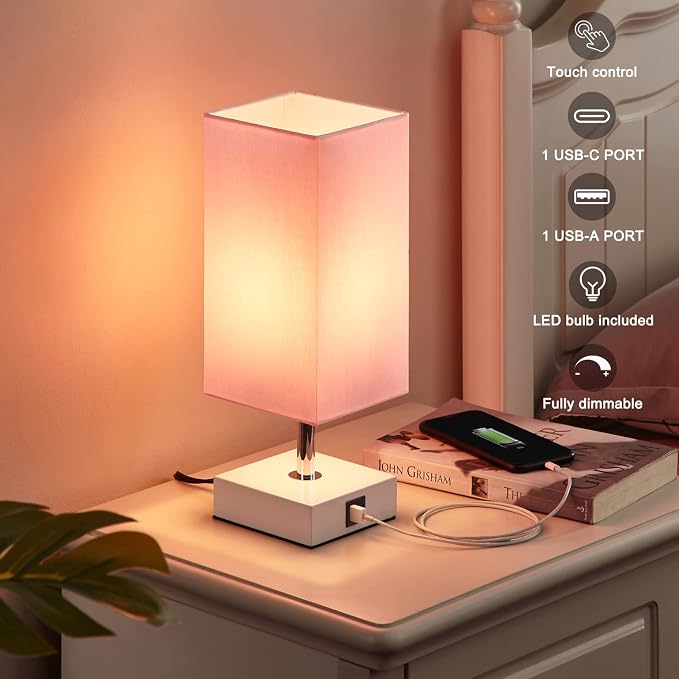 Pink Touch Table Lamp for Bedroom - Dimmable, USB C+A, Girls Bedside Lamp | 3-Way Dimmable, 3000K LED Bulb Included, Square Pink Shade White Base, Cute Room Decor for Teen Girls, Kids, Nightstand, Desk - Image 3