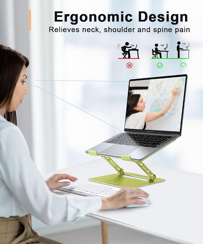Aoviho Laptop Stand for Desk,Adjustable Laptop Stand Holder and Riser,Foldable Aluminum Notebook Computer Stands for MacBook Air Pro HP Lenovo Dell Samsung Chromebook, 10-15.6 inch,Yellow Green - Image 2
