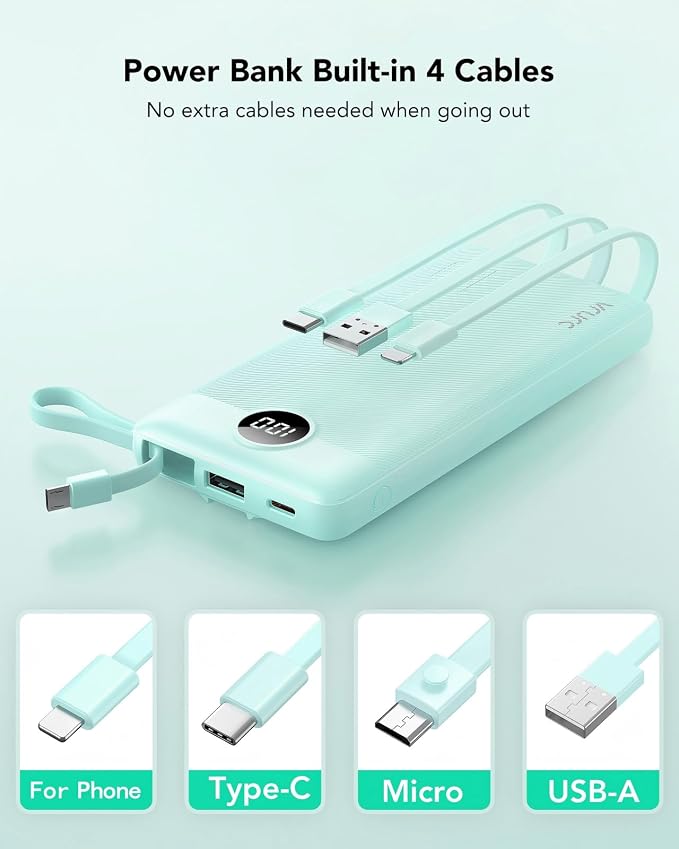 VRURC Portable Charger Power Bank, Built-in 4 Cables & 2 Ports 10000mAh | LED Display Slim Battery Pack,Compact Travel Essential Portable Phone Charger 5 Output for Multi Devices,Student/Teens(1Pack) - Image 2