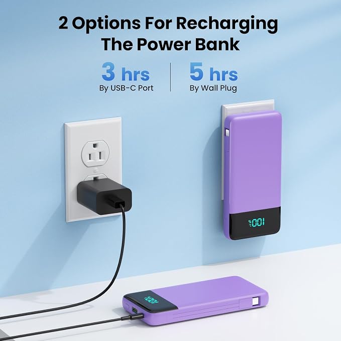 Portable Charger with Built-in AC Plug and Cables,13800mAh All in One USB C Fast Charging Power Bank,Travel Essentials Portable Phone Charger Battery Pack for iPhone 17/16/15/13,Galaxy,Android-Purple - Image 3