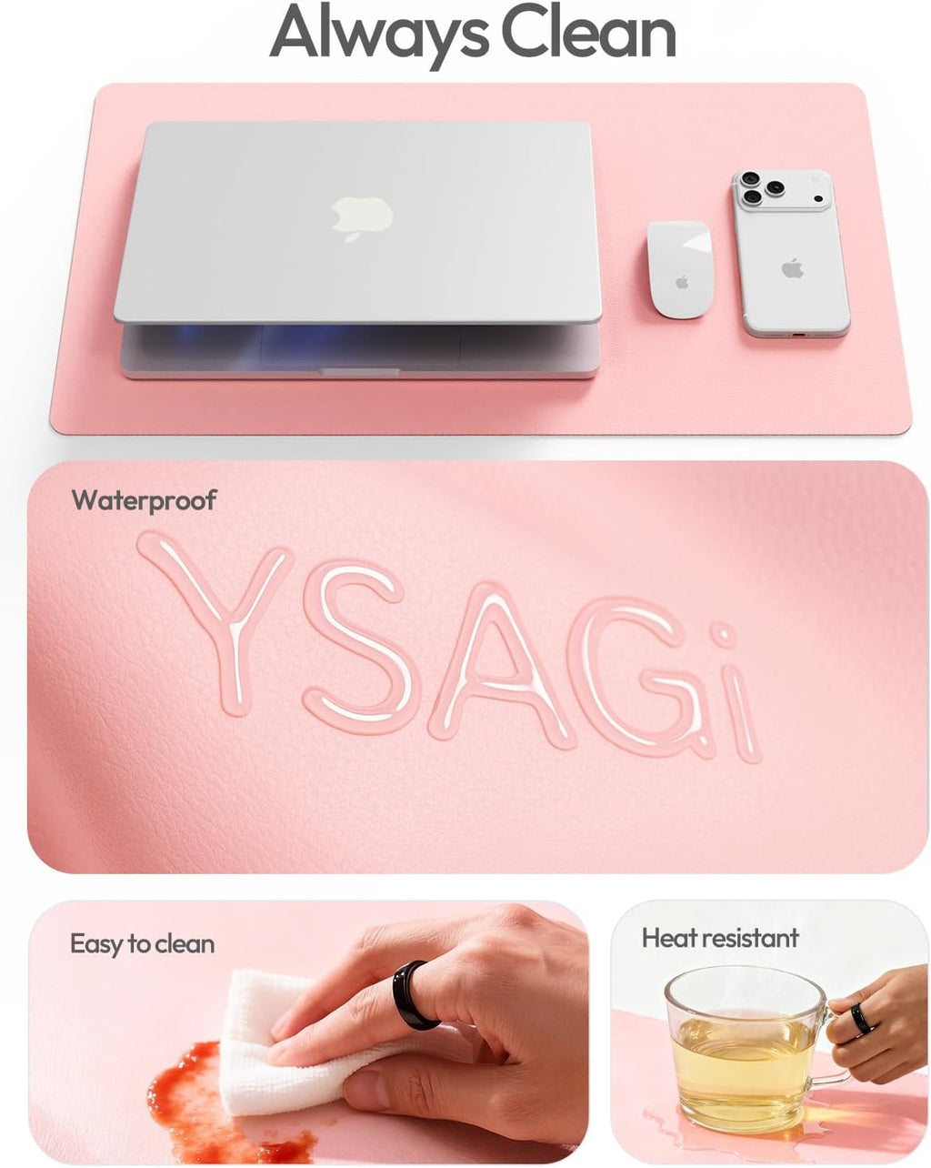 YSAGi Leather Desk Protector, Office Mat, Large Mouse Mat, Non-Slip PU Leather Blotter, Laptop Desk Pad, Waterproof Writing Pad for Office and Home (Light Pink, 35.4" x 17") - Image 7