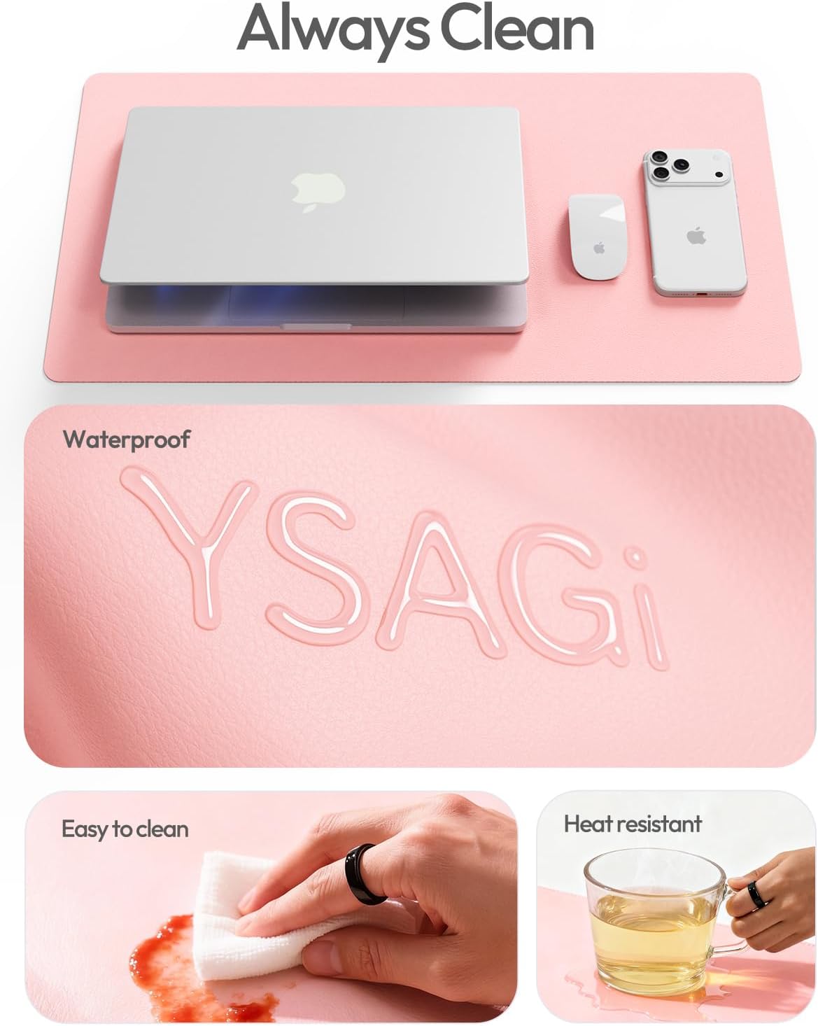 YSAGi Leather Desk Protector, Office Mat, Large Mouse Mat, Non-Slip PU Leather Blotter, Laptop Desk Pad, Waterproof Writing Pad for Office and Home (Light Pink, 35.4" x 17") - Image 7