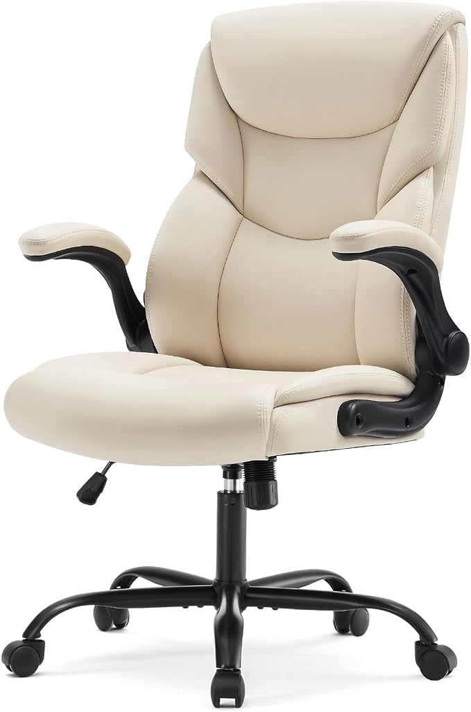 Sweetcrispy Home Office Desk Chairs, High Back PU Leather Chair | Heavy Duty, High Back, Flip-up Armrest, PU Leather, Height Adjustable, Rolling Wheels, Beige - Image 8