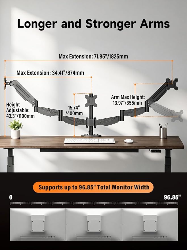 Triple Monitor Mount for 17 to 34 inch Screens, Holds up to 26.45lb, Adjustable Triple Monitors Stand for Desk with Tilt, Swivel, Rotation, Clamp & Grommet Kit, VESA 75/100mm, Black, MDX003P - Image 3