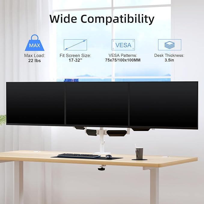 suptek Triple Monitor Mount for Most 17 to 32 inch Screens,Gas Springs Adjustment Triple Monitor Desk Mount Stand with Clamp & Grommet Kit,White(MDX003W) - Image 2