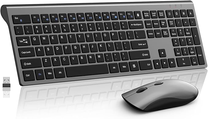Slim Silent Full Size Wireless Keyboard Mouse Combo Space Grey | With calculator key, 2400 DPI quiet mouse, USB cordless set, compatible with Windows, Mac, Laptop & PC by SHUNJINRUN