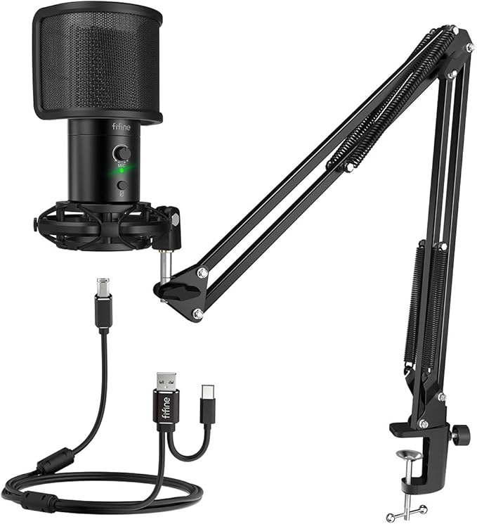 FIFINE T683 USB Microphone Kit with Arm Stand for Podcast, Recording | Studio Mic Bundle for Twitch Discord, Condenser Mic Set for YouTube Zoom, Mute Button & Gain, USB C & A Plug by FIFINE