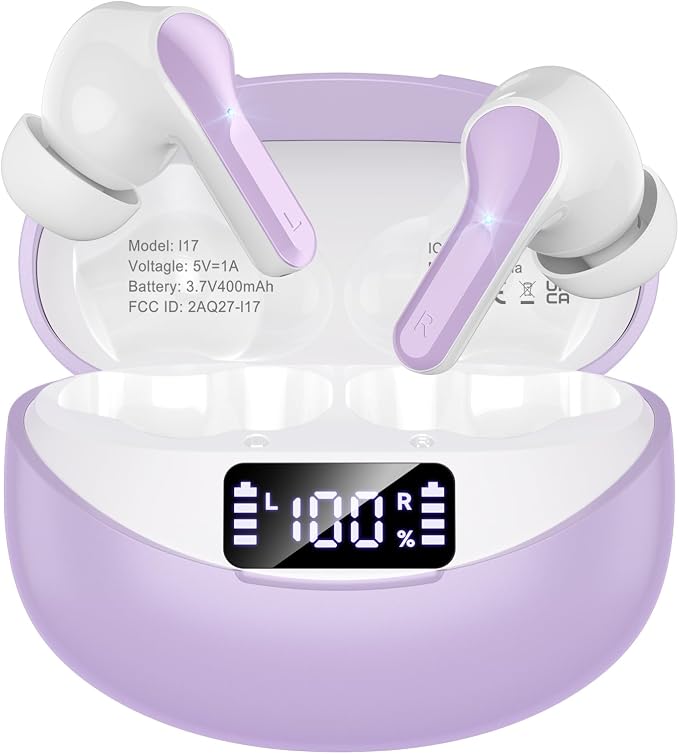 Wireless Earbuds, Bluetooth 5.3 Headphones HiFi Stereo 50H Playback LED Digital Display Ear Buds with ENC Noise Canceling Headset, IPX7 Waterproof Earphones for Gym/Running/Work(Light Purple) by Unknown