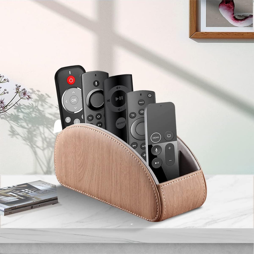 All-in-One Leather TV Remote Control Holder With 5 Compartments Nightstand Desktop DVD Media Player Remote Caddy Storage Box Organizer Tray For Makeup Brush Pen Stationary Table Controllers - Image 5