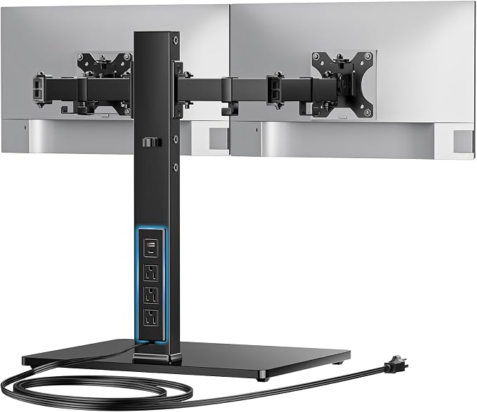 HUANUO Dual Monitor Mount with Power Outlet, Computer Monitor Stand with Sturdy Glass Base, Full Motion Dual Monitor Stand with Adjustable Height, Supports 13″-32″ Displays up to 22 lbs, Easy Setup by HUANUO