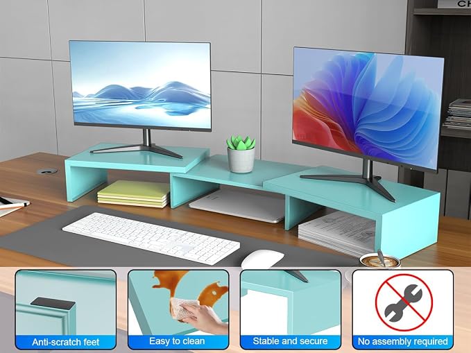 Dual Monitor Stand Riser | Monitor Stand for Desk, Metal Computer Stand, Desk Shelf Riser,Desktop Organizer for Home and Office Use (Blue) - Image 6