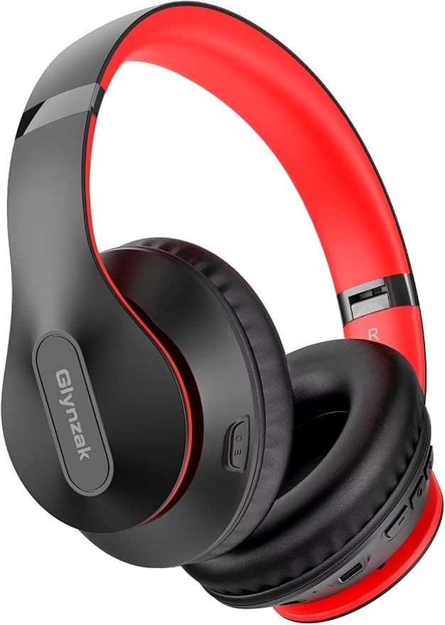 Wireless Bluetooth Headphones Over Ear V6.0 HiFi Stereo with Mic | 65H Playtime 6EQ Modes Foldable Bluetooth Headset with Microphone for Travel Smartphone Computer Laptop Black Red by Glynzak