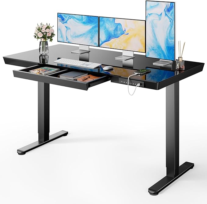 Marsail Glass Standing Desk with Drawer,55 x 28 inch Electric Standing Desk, Sit Stand Desk with One-Piece Tabletop & USB Charging Ports, Height Adjustable Desk with Storage for Home & Office Black | Storage Drawer, One-Piece Tabletop, USB Charging Por... by Marsail