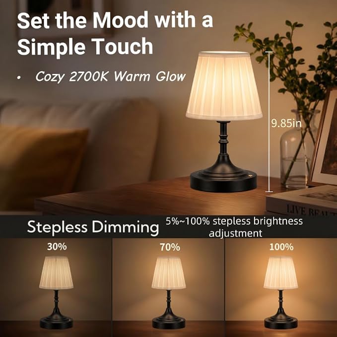 Balck Small Cordless Table Lamp Rechargeable - Kitchen Countertop Tabletop | Touch Lamp｜ Mini Lamp｜Restaurant Table｜Bookshelf | Counter Top ｜Wireless ｜Vintage｜Home Decor | Farmhouse Boho - Image 4