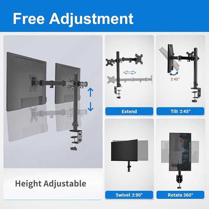 Dual Monitor Mount for 17-27 Inch Monitors up to 17.6 lbs, Desk Clamp | ±45° Tilt | ±90° Swive l 360° Rotation | Height Adjustable | C-Clamp Mount | Cable Management | VESA 75×75/100×100 mm - Image 3