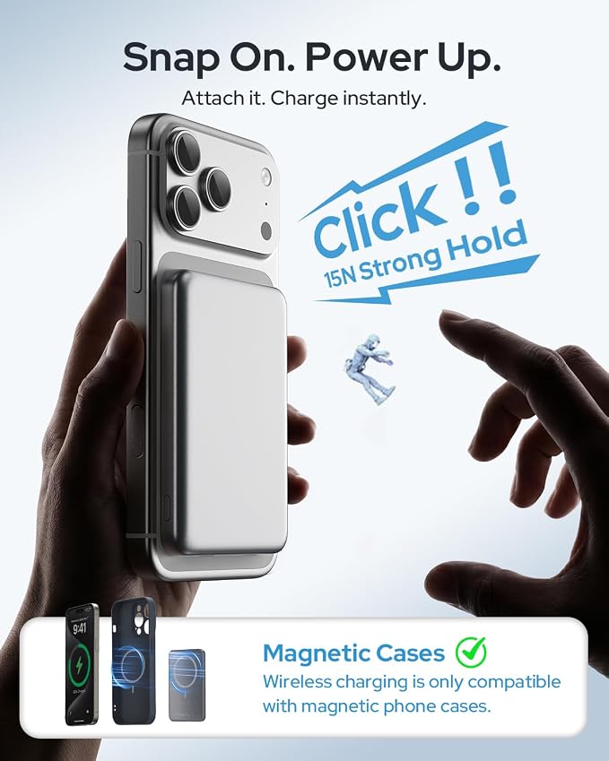for Magsafe Portable Charger, 5000mAh Slim Wireless Magnetic Power Bank | Travel Essential for MagSafe Battery Pack with USB C Fast Charging, Compatible with 17/16/15/14/13/12 (Silver Gray) - Image 2