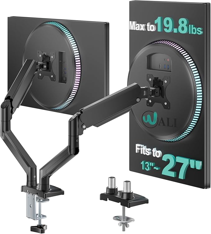 WALI Adjustable Dual Monitor Arm for 13-27 inch Screens, 19.8 lbs per Arm | Dual Monitor Desk Mount, Full Motion with Tilt, Swivel, Rotation, C-Clamp & Grommet Base, VESA 75/100mm (GSMP002), Black by WALI