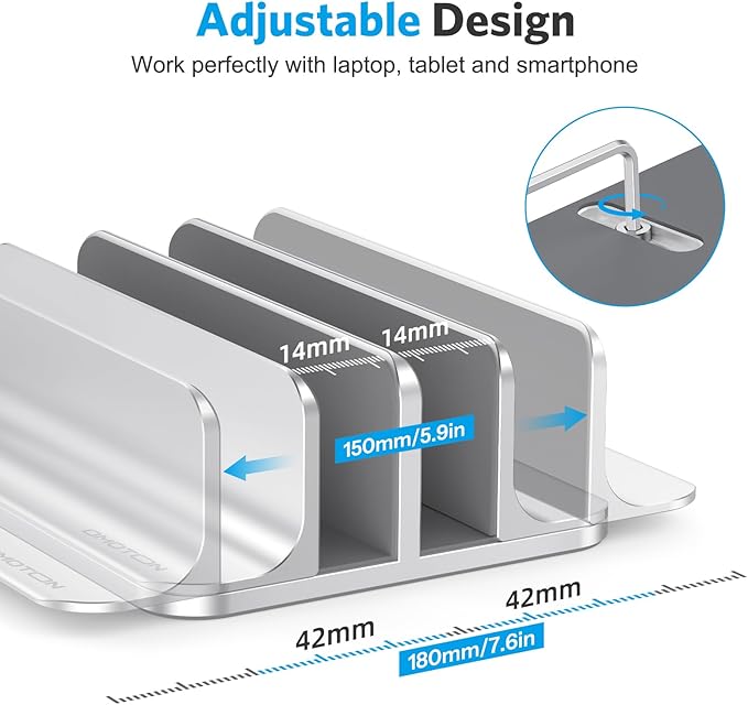 OMOTON Dual Vertical Desk Laptop Stand Holder, Fits MacBook Air/Pro, Silver | Aluminum Laptop Storage Rack for Desk, Adjustable Dock for Up to 17.3 in. Gaming Laptop, Space-Saving Desk Organizer - Image 4
