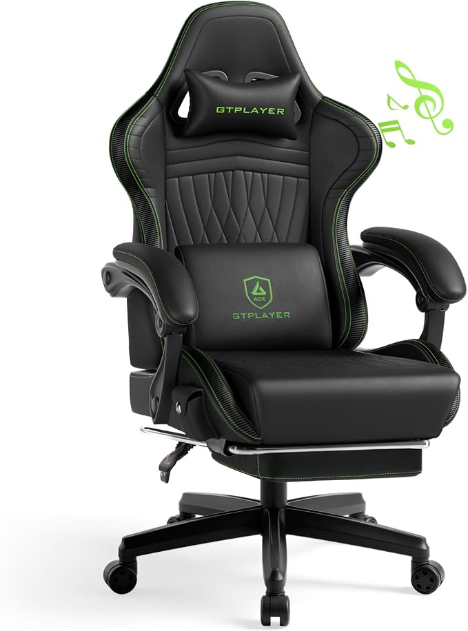 GTPLAYER Gaming Chair with Speakers, Video Game Chairs with Footrest, PC Gamer Chairs for Adults - Padded High Back Ergonomic Reclining Silla Gamer, Linkage Armrest, Ace Pro, Green by GTPLAYER
