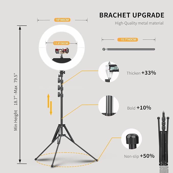 18 in Ring Light with Stand, Professional Ring Light Novice Set, Dual Phone Holder for Makeup Lash Tattoo Selfie Video Shooting - Image 4