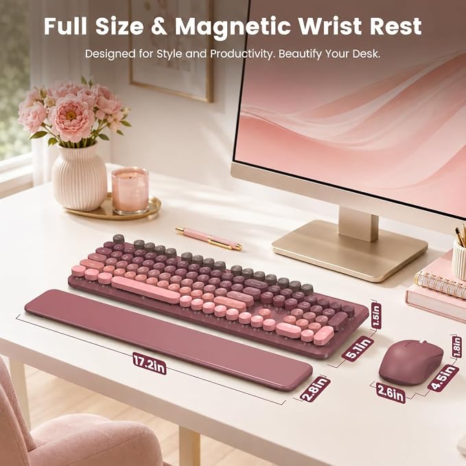 Wireless Keyboard and Mouse Combo, Round Keycaps, Full-Size Retro Typewriter Keyboard with Magnetic Wrist Rest, Tilt Legs, 2.4GHz Cordless for Mac, Windows PC, Laptop, SABLUTE CK23, Dusty Rose Ombre - Image 8