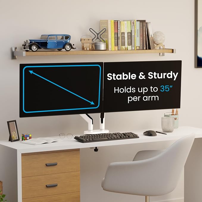 EVEO Premium Dual Monitor Mount 14"-35” Dual Monitor Arm VESA Bracket Adjustable Height Gas Spring Dual Monitor Stand, Screen Full Motion Dual Monitor Arm-Computer Monitor Stand for 2 Screens - White - Image 4