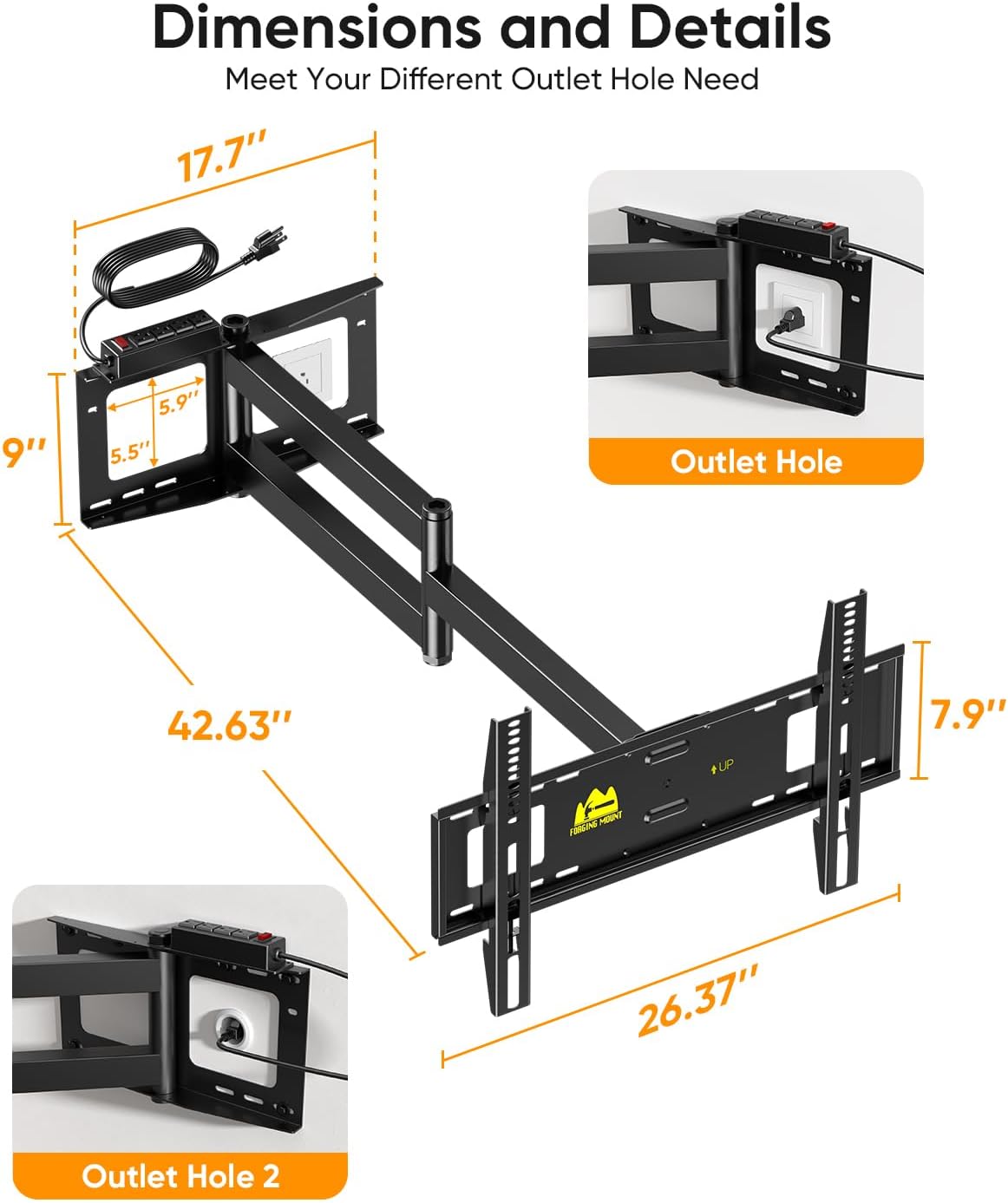 FORGING MOUNT Long Arm TV Wall Mount with Power Strip for 42–80 inch TVs - Image 5