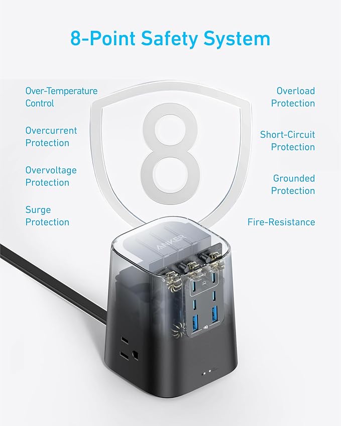 Anker Desktop Charger, 9-in-1 Power Strip with 300J Surge Protector, 100W | USB C Charger with 3 AC, 4 USB C, 2 USB A, 5ft Flat Plug Extension Cord with Multiple Devices, Home Office, Desk Accessories - Image 4