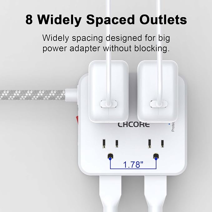 Surge Protector Power Strip - CHCORE 10 Ft Braided Extension Cord with 8 Outlets with 4 USB (2 USB C) Charging Ports, Flat Plug Multi Plug Outlet Extender Charging Station for Home Office, ETL, White - Image 4