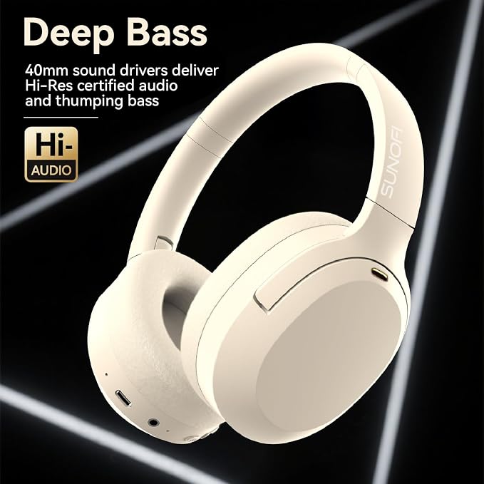 Hybrid Active Noise Cancelling Headphones, Wireless Over Ear Bluetooth Headphones with Mic, 40H Playtime, Hi-Res Audio, Deep Bass, Foldable Comfort Fit Ear Cups for Travel, Office, Home (White) - Image 3