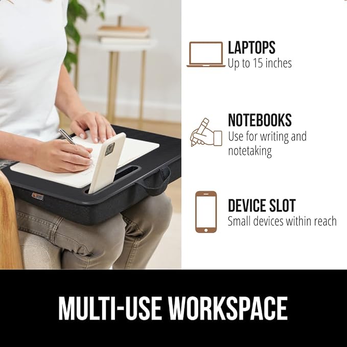 GORILLA GRIP Laptop Lap Desk with Phone Holder, Pillow Cushion Desks Fit Laptops up to 15.6", Tray Ledge Keep Computers in Place, Portable Travel Workstation Essentials for Home, Dorm Room, Black - Image 6