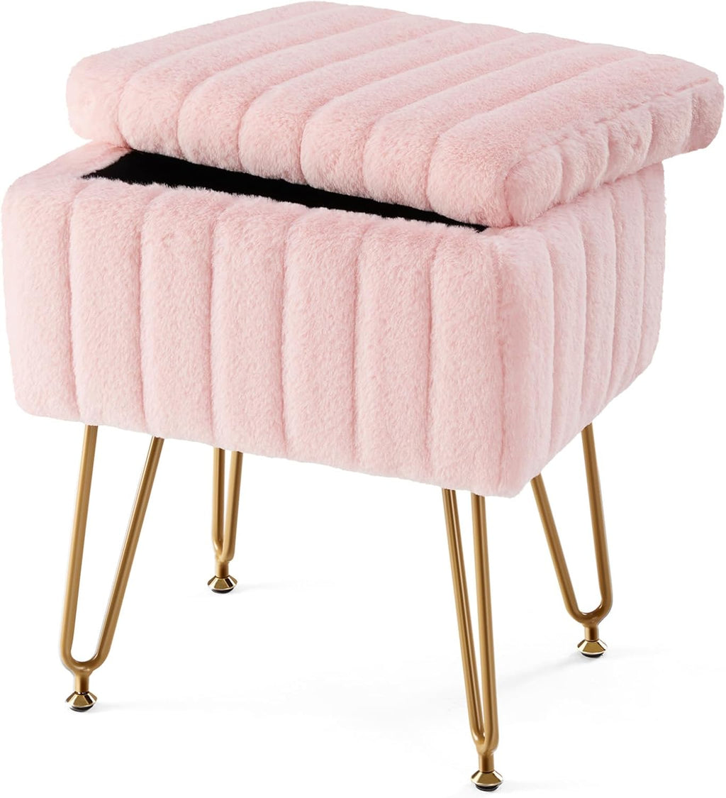 Sweetcrispy Vanity Stool Chair with Storage, 18.9”H x 16”L x 12.2”W Ottoman Chair Faux Fur Soft Padded Makeup Footstools Seat with 4 Metal Legs Anti-Slip Adjustable Feet for Make Up, Pink by Sweetcrispy