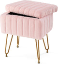Sweetcrispy Vanity Stool Chair with Storage, 18.9”H x 16”L x 12.2”W Ottoman Chair Faux Fur Soft Padded Makeup Footstools Seat with 4 Metal Legs Anti-Slip Adjustable Feet for Make Up, Pink by Sweetcrispy