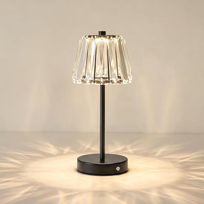 13" Small Crystal Cordless Table Lamp, Touch Rechargeable Desk Lamps | 3 Color Temps, Stepless Dimming, Black Portable Battery Operated LED Desk Lamps for Bedside, Nightstand, Kitchen, Patio, Gift by Oneach