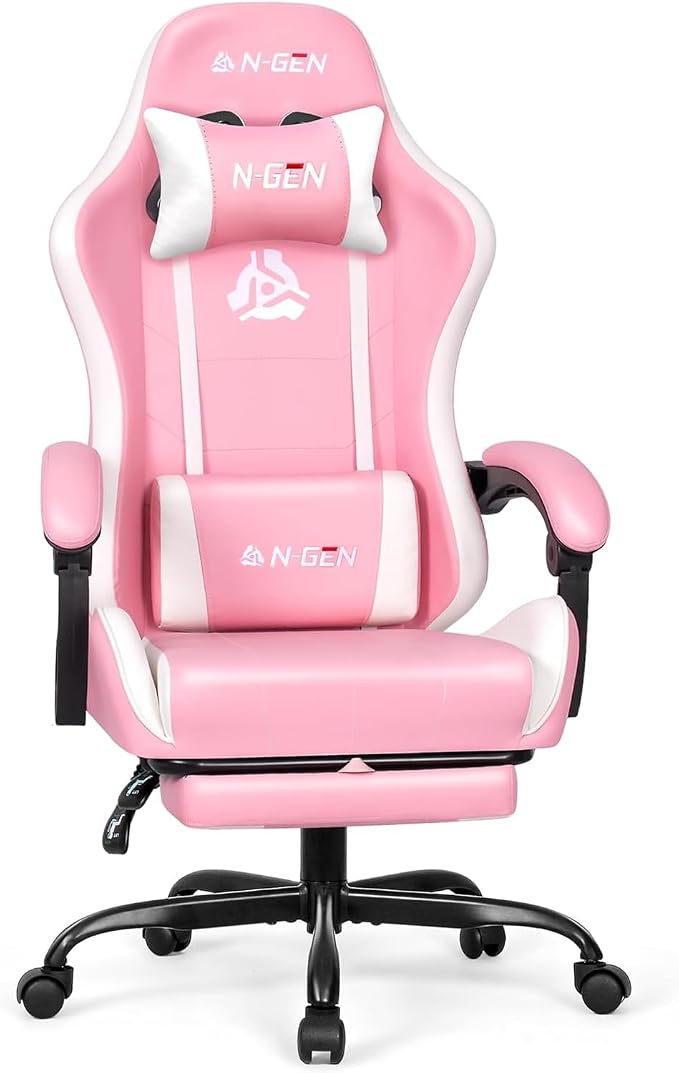 N-GEN GAMING Gaming Chair with Footrest, Lumbar, High-Back, Pink White | Reclining Backrest, Linkage Armrests, Durable PU Leather, Adjustable Comfort for Extended Computer, Desk, or Home Office Use by N-GENGAMING