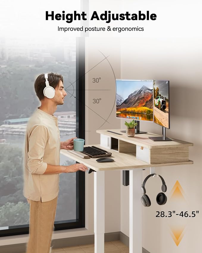 JOY worker 35" Small Electric Standing Desk with Monitor Stand & Drawer | Light Walnut 35" x 25" Height Adjustable Desk for Tight Space, Shutter Door & Shelf, Sit Stand Desk with 2 Hooks, Home Office - Image 3