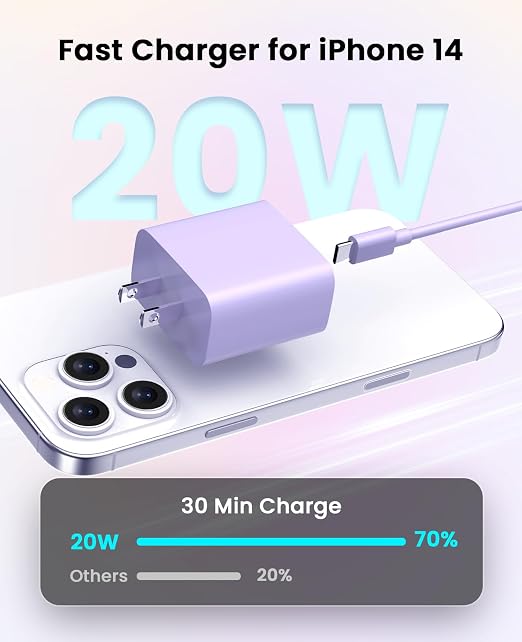 iPhone Charger Fast Charging, USB C Charger Block, 6FT/10FT Lightning Cable | For Apple iPhone 14/13/12/11 Series, 2-Pack USB C to Lightning Cables, AirPods with Lightning Charging Case,Purple - Image 2