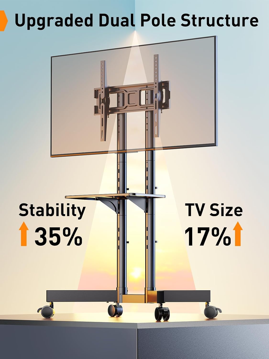 Perlegear Rolling TV Stand, Mobile TV Stand with Wheels for 32-75 inch TVs, Height Adjustable Mobile TV Cart with -15° to +5° Tilt, Rolling Cart for 4K TV Max VESA 400x400mm up to 88lbs, PGTVMC14 - Image 5