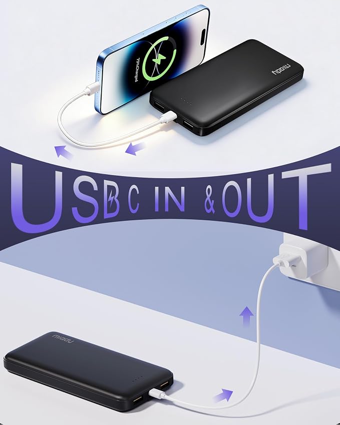 Miady 2-Pack Portable Charger, Slim 10000mAh Power Bank Travel Battery Pack | Dual USB丨3 Outputs 2 Inputs丨for Backpack Travel Camping丨Slim丨Compatible with iPhone Android etc丨Flight-Safe丨37Wh丨White+White - Image 3
