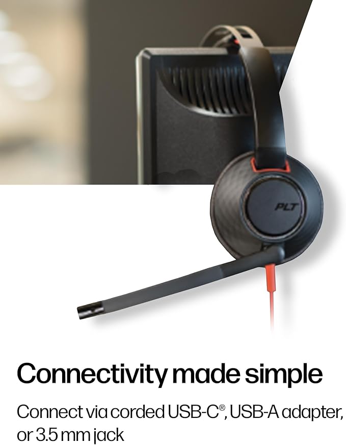 Poly Blackwire 5220 Wired Headset - Flexible Boom Mic - Noise Cancelling Headphones with Mic - USB-C, USB-A, 3.5mm - Ergonomic Over-Ear Design - Works with Microsoft Teams, Zoom - Work from Home - Image 5