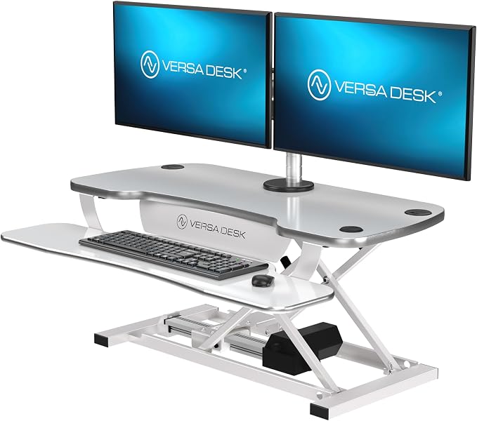 PowerPro 36 Inch Electric Standing Desk Converter – Push-Button Height Adjustable Sit to Stand Desk Riser for Dual Monitors & Laptop – Motorized Desktop Workstation with Wide Keyboard Tray by VERSADESK