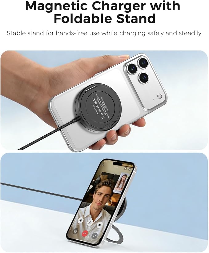 25W Magnetic Wireless Charger, Qi2.2 Fast Wireless Charging Pads with Kickstand,MagSafe Charger for iPhone 17/16/15/14 Series & AirPods 4/3/2/Pro, Samsung S26 S25 Series, Google Pixel, 2 Pack - Image 3
