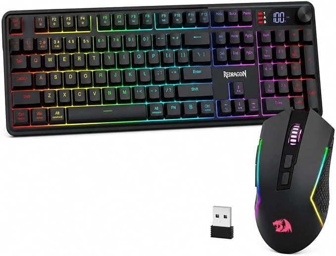 Redragon Wireless K526 PRO Membrane Keyboard & M693 PRO Gaming Mouse Combo | LED Info Display & Knob, 0-Delay Tri-Mode Both Devices, Adjustable DPI Up to 4800, Shared Dongle for Cordless Desktop by REDRAGON