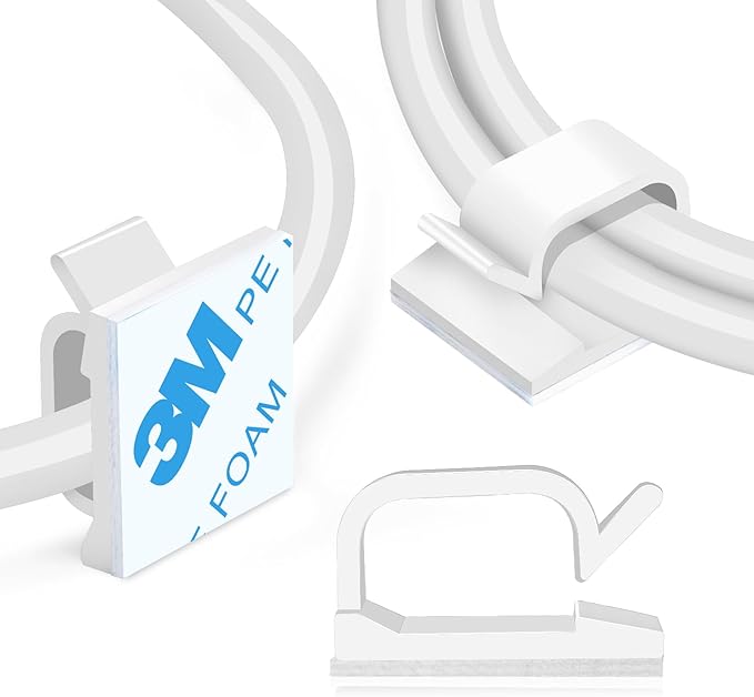 XHF 5/8” Adhesive Cord Clips White 60PCS, Outdoor Christmas Light Clips, Cable Management Staples for Under Desk, Car, Wall, TV, PC, Ethernet by XHF