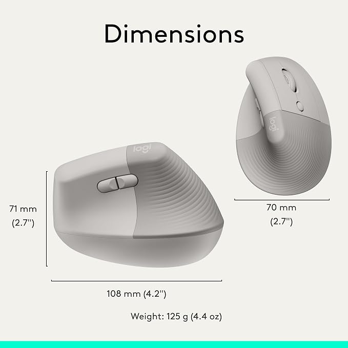 Logitech Lift Vertical Ergonomic Wireless Mouse - Sand | Connect via Bluetooth or included Logi Bolt USB-A receiver, quiet clicks, 4 of 6 buttons customizable, Windows Mac compatible - Image 10