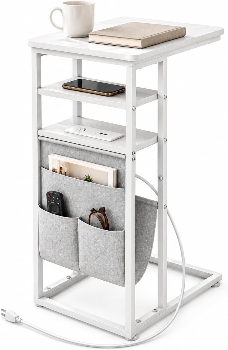 C Shaped End Table with Charging Station, 28"(H) 3-Tier C Table with Storage Bag, Under Couch Table C-Shaped End Table with Storage Shelves and Bag for Living Room, Bedroom, or Office by ZEXVIDA