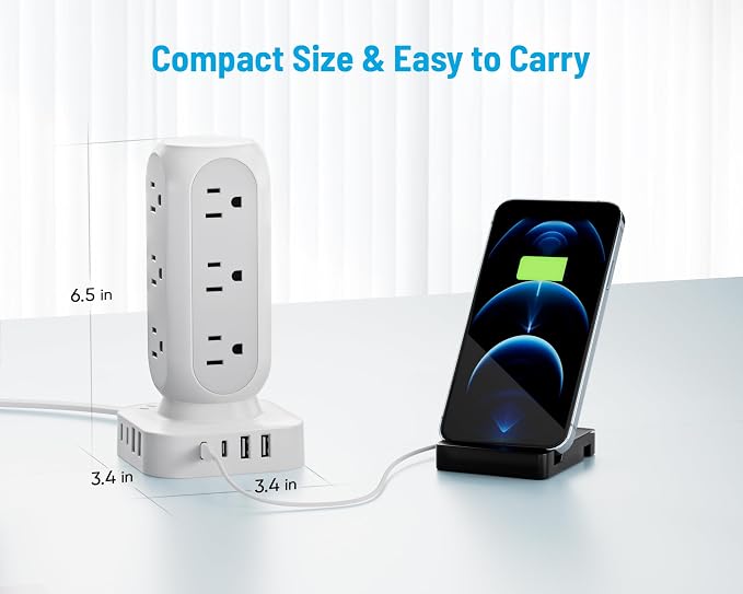 Flat Plug Power Strip Tower, TenTrend 40W Total Fast Charging Station, 15FT | 12 AC Outlets & 8 USB Ports (4 USB C), Dual PD 20W, 10FT Extension Cord for Desk Office Dorm Room - Image 6