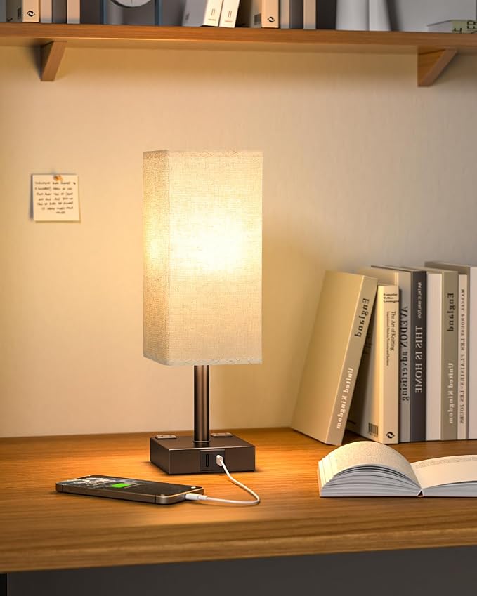 Brown Touch Table Lamp for Bedroom - Dimmable, USB C+A, 2 AC Outlets | 3-Way Dimming, 3000K Bulb Included, Square Brown Lampshade and Black Base, Desk Lamp for Nightstand, Living Room, Dorm - Image 8